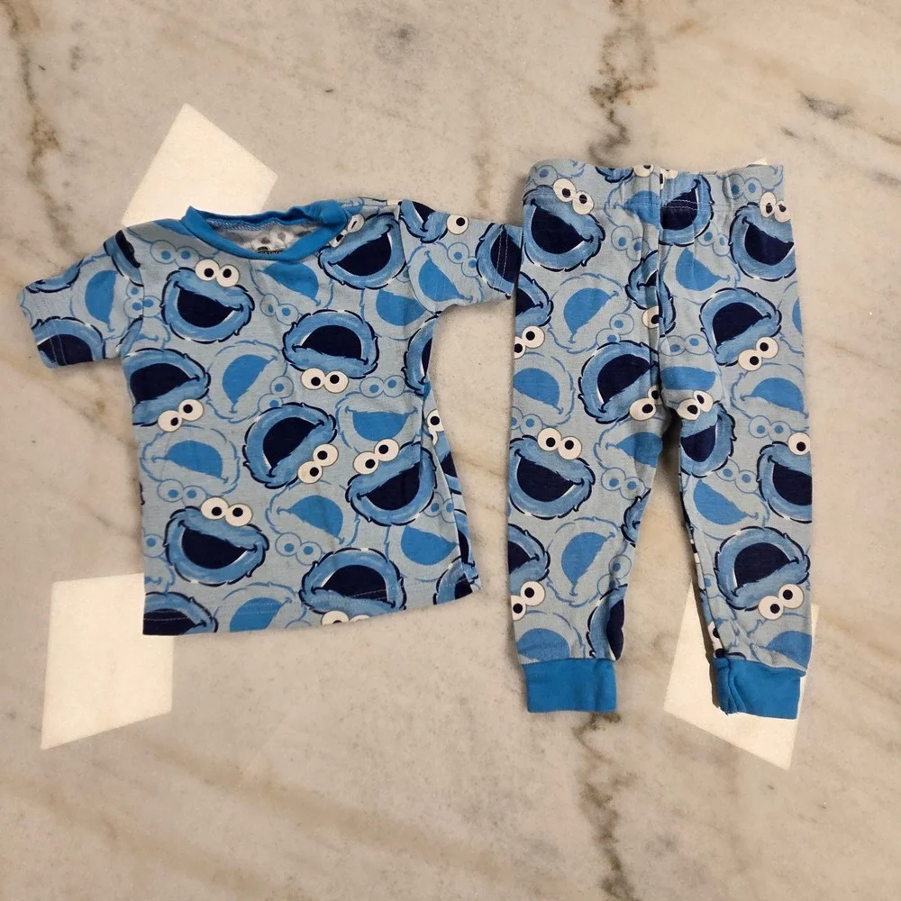 Disney Sesame Street Pajama Set Toddler 2T Blue Mickey Cookie Monster Kidcore